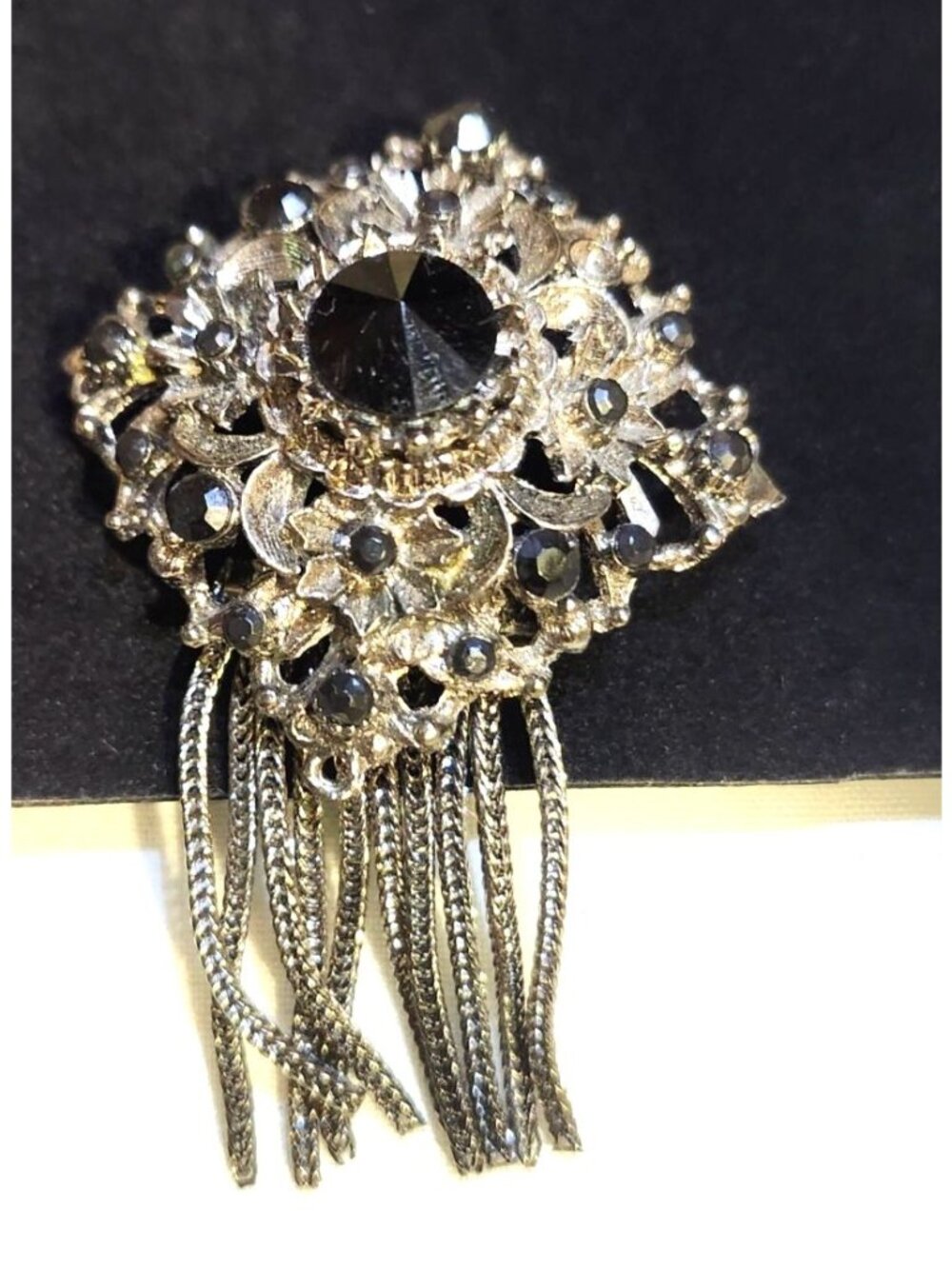 Vintage Gunmetal Filigree Brooch Faceted Black Acrylic Bead & Tassel Accent